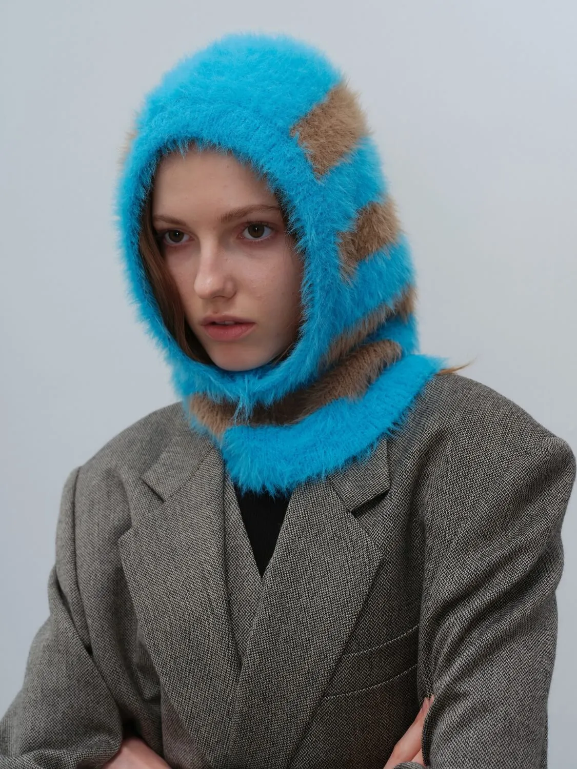 French Style Faux Mink Fur Balaclava Knit Hat - blue