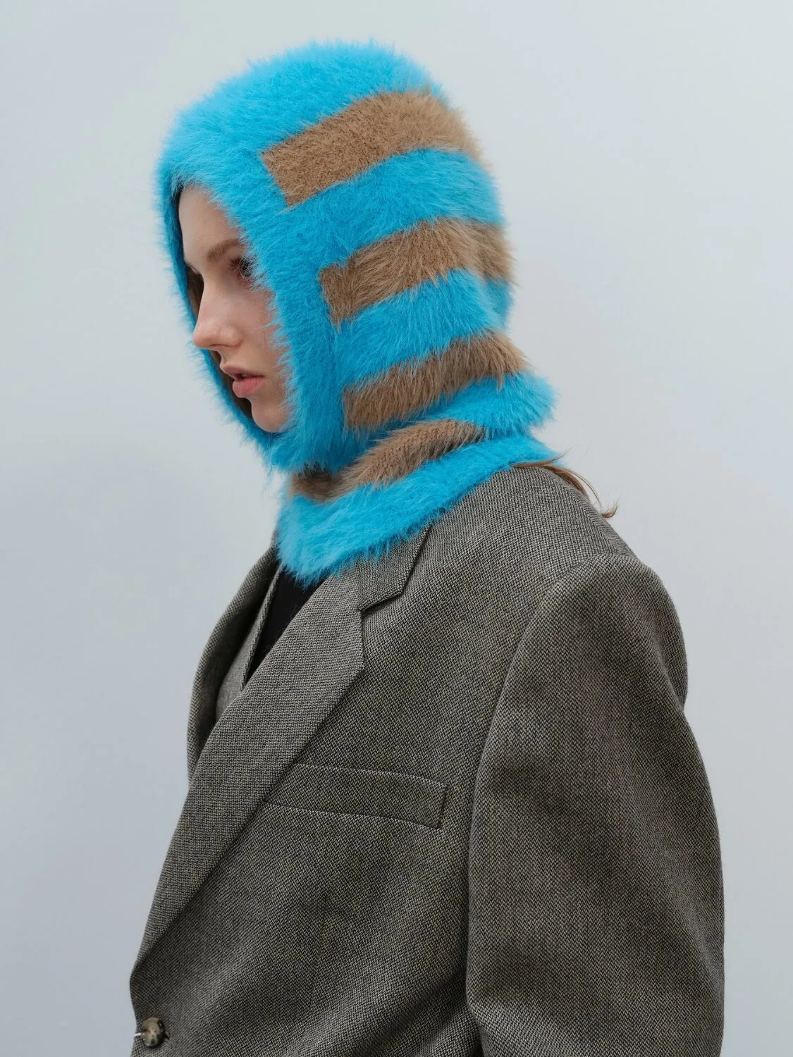 French Style Faux Mink Fur Balaclava Knit Hat - blue