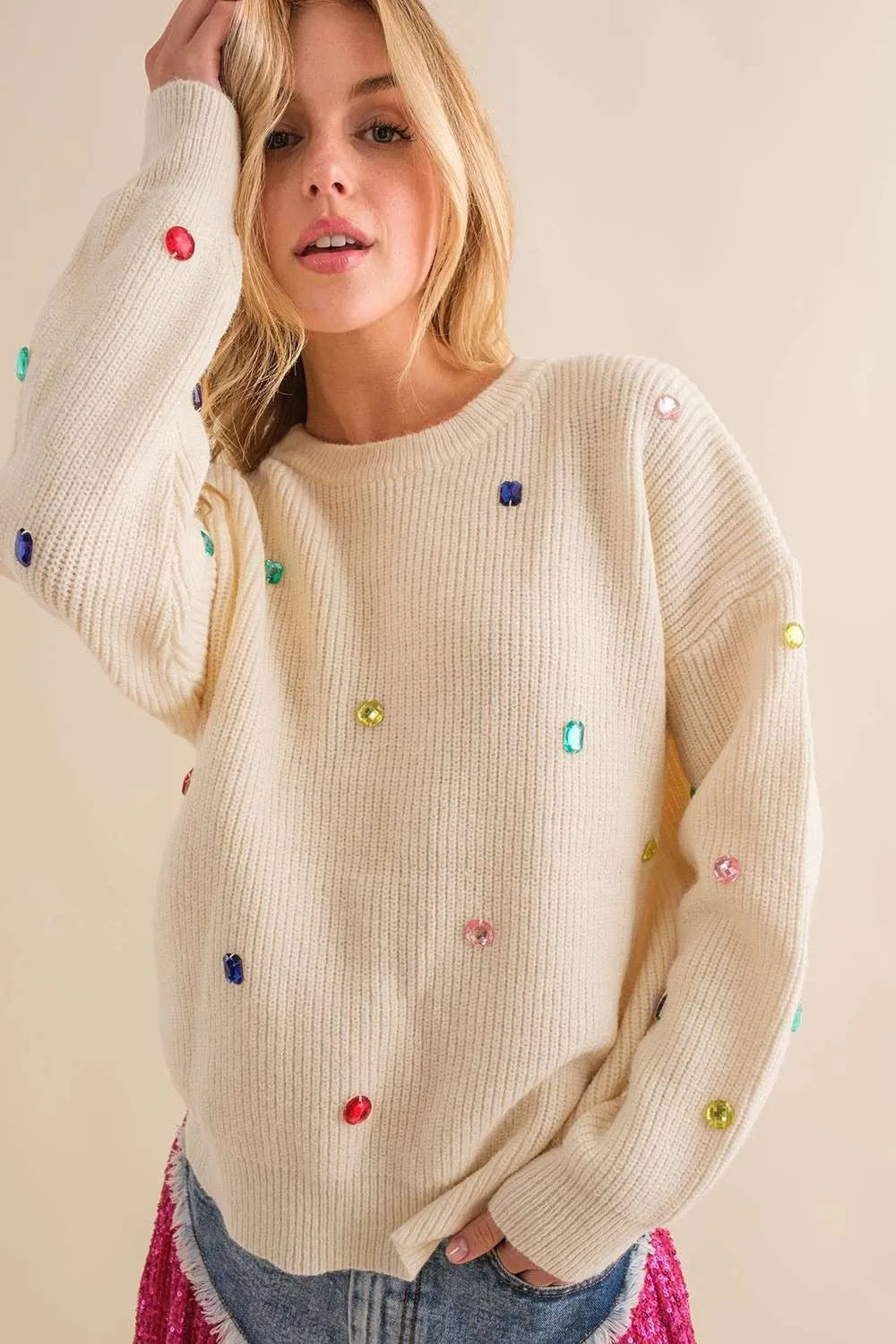 Funny Color Stone Trim Cozy Sweater