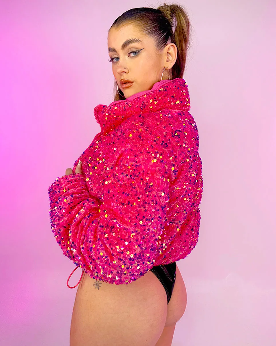 Fuschia Velvet Sequin Puffer Jacket