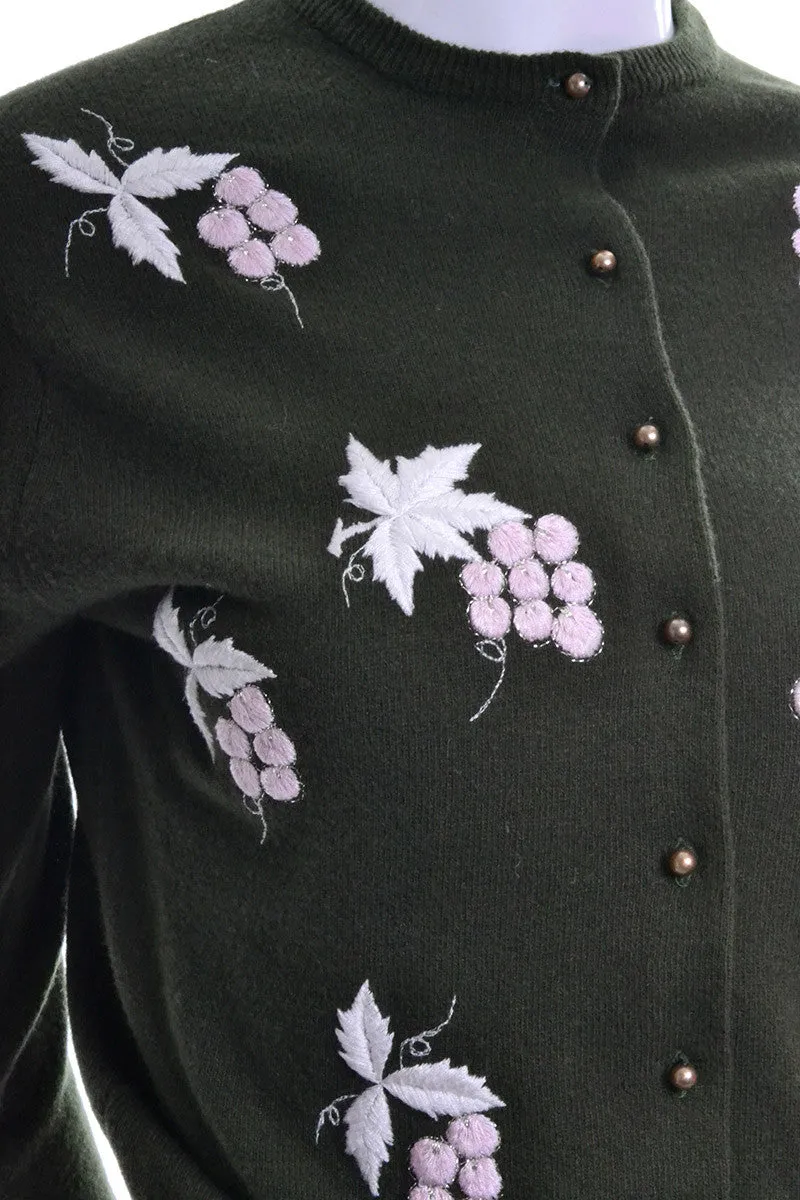 Green Lambswool Embroidered Wool Vintage Sweater with Pink Grapes