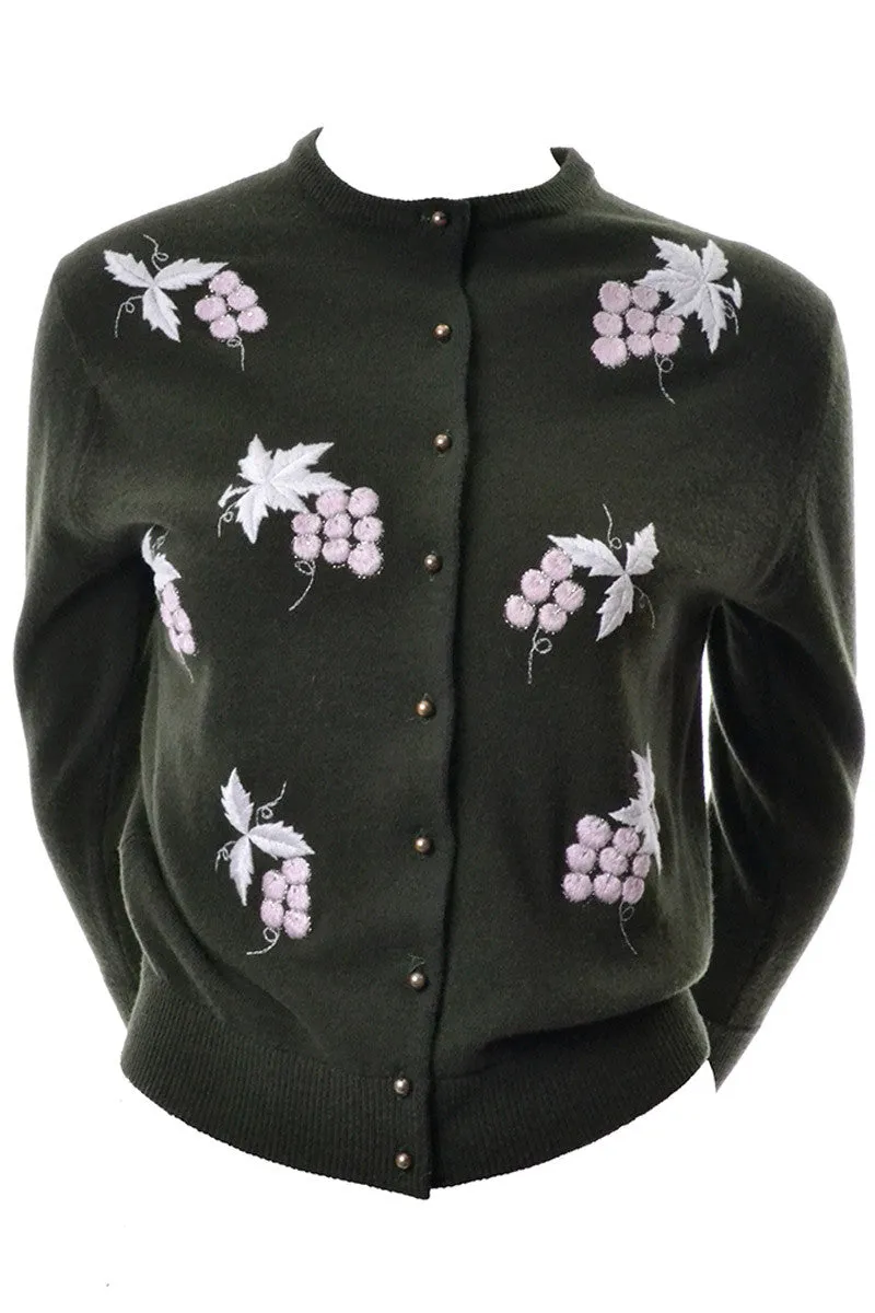 Green Lambswool Embroidered Wool Vintage Sweater with Pink Grapes