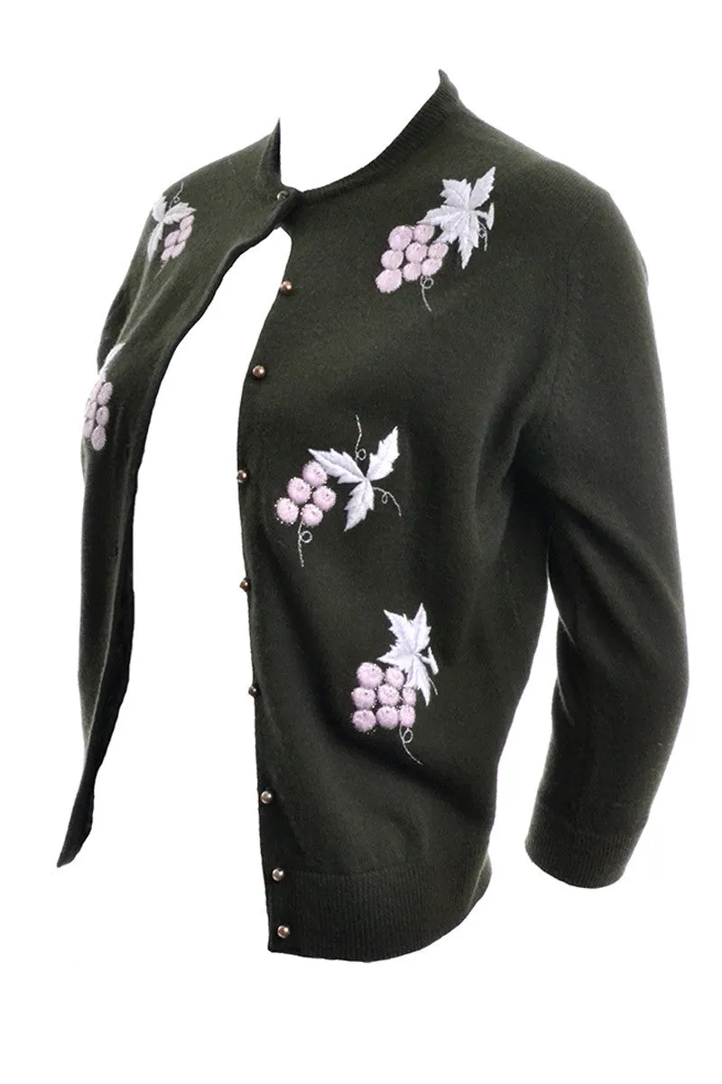 Green Lambswool Embroidered Wool Vintage Sweater with Pink Grapes