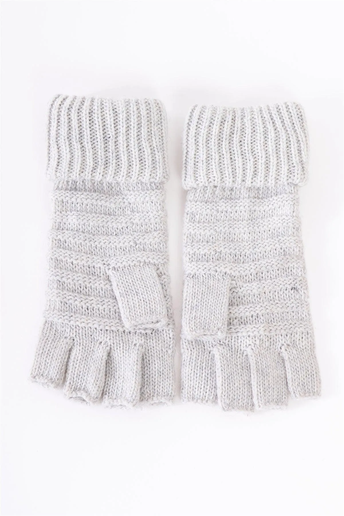 Grey Fingerless Button Detail Knit Winter Gloves /3 Pieces