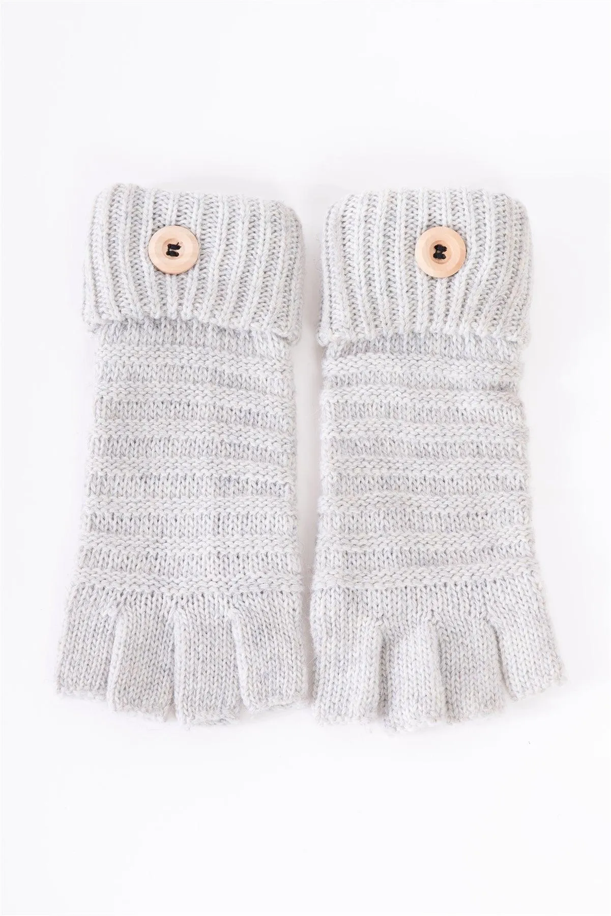 Grey Fingerless Button Detail Knit Winter Gloves /3 Pieces