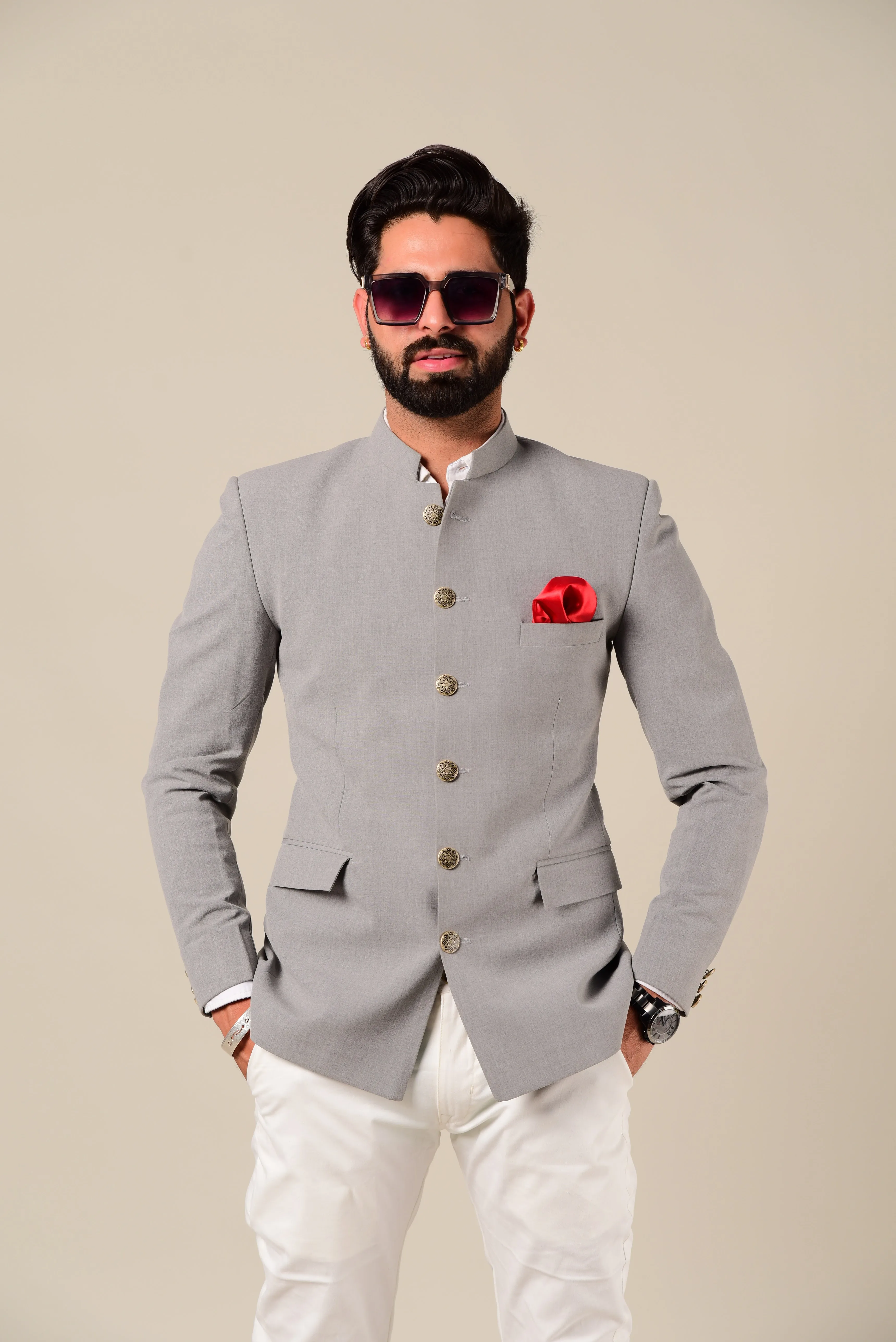 Hand-crafted Light Grey Jodhpuri Bandhgala with White Trouser | Perfect Contemporary style Indian Formal , functional and Party Wear