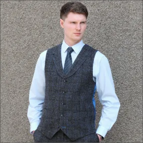 Harris Tweed Grey Marl with Blue Over Check Waistcoat--