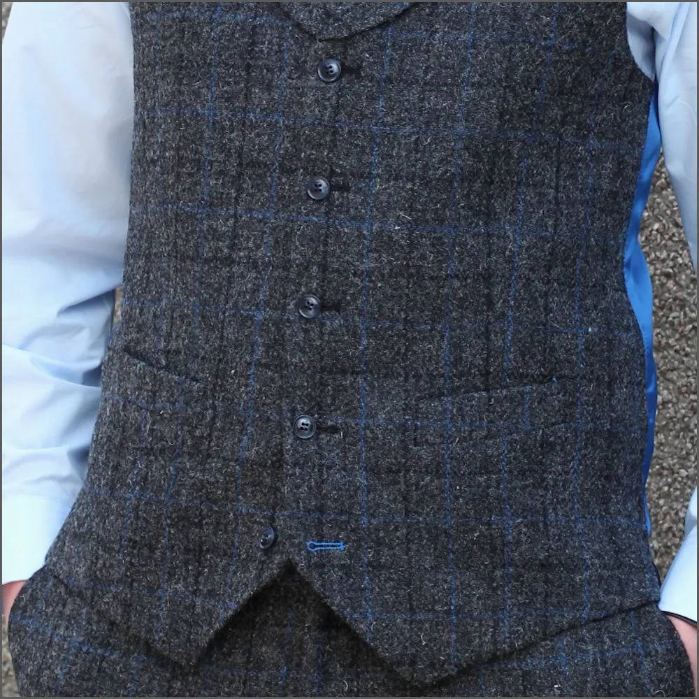 Harris Tweed Grey Marl with Blue Over Check Waistcoat--