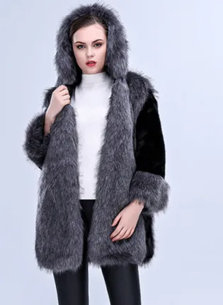 High Imitation Fur Coat Women Silver Fox Fur Collar Hooded