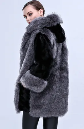 High Imitation Fur Coat Women Silver Fox Fur Collar Hooded