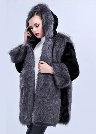 High Imitation Fur Coat Women Silver Fox Fur Collar Hooded