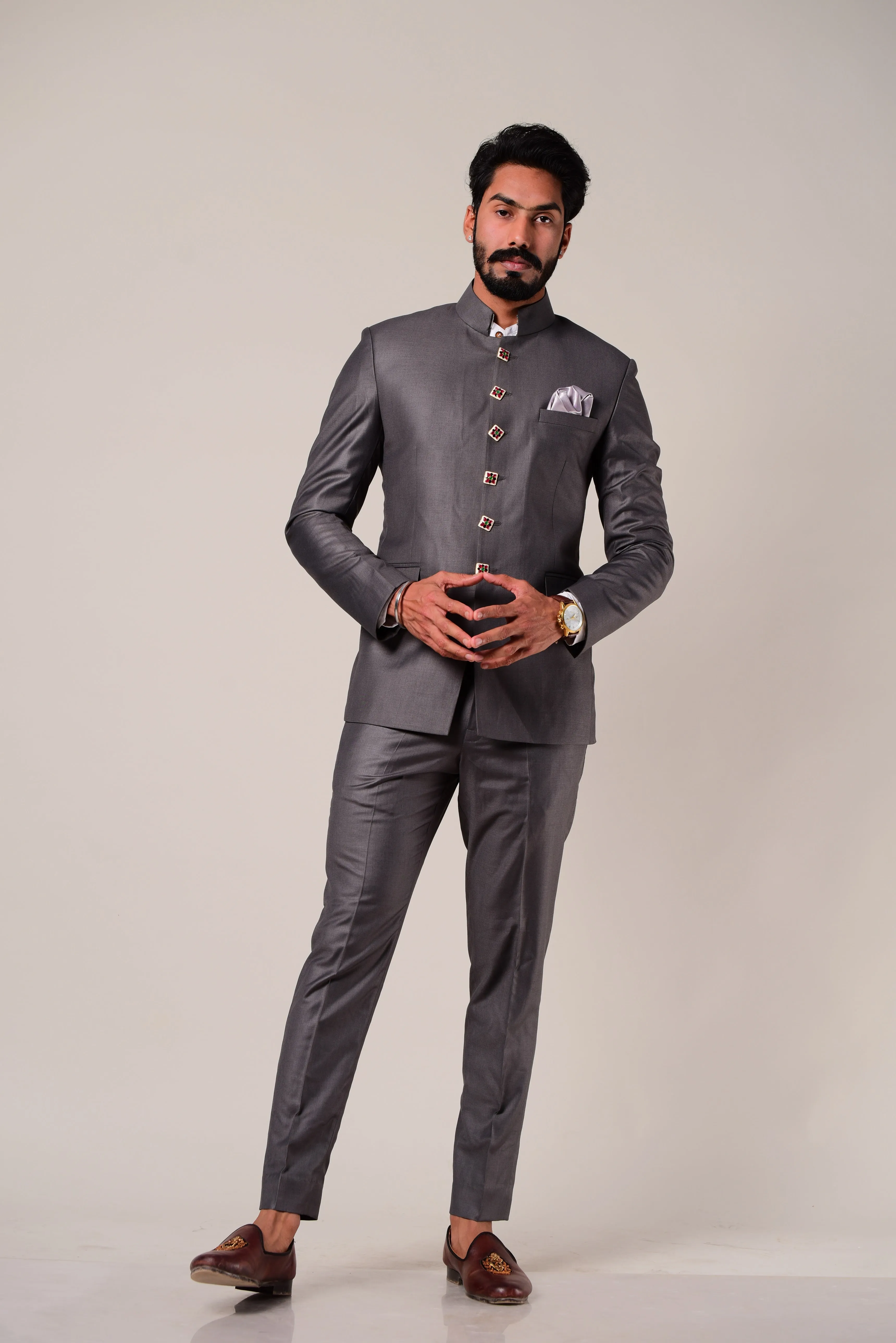 Iron Grey Bandhgala Suit With Hand-painted Stone Buttons | Perfect for Wedding wear, Functional wear|