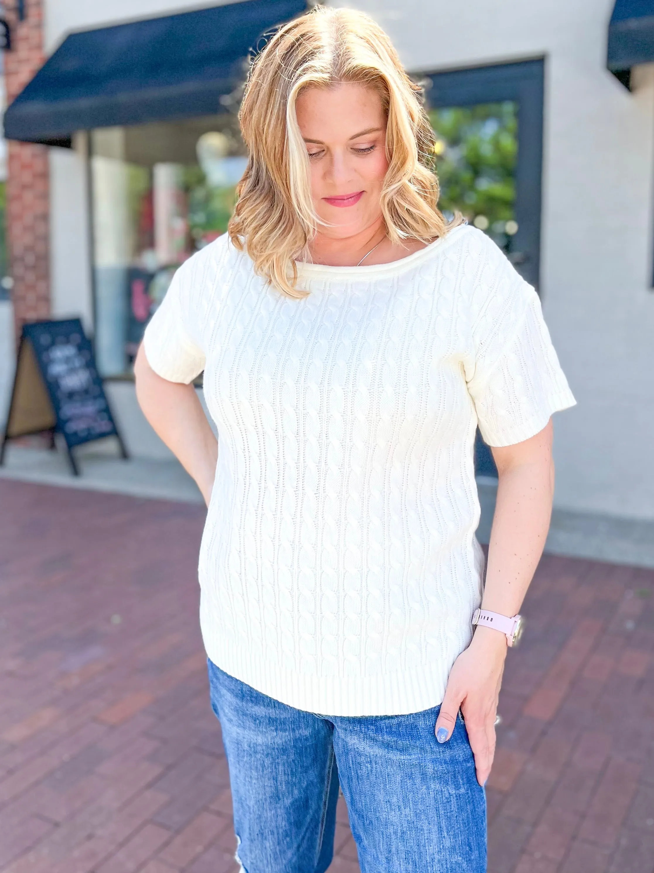 Ivory Cable Knit Short Sleeve Sweater