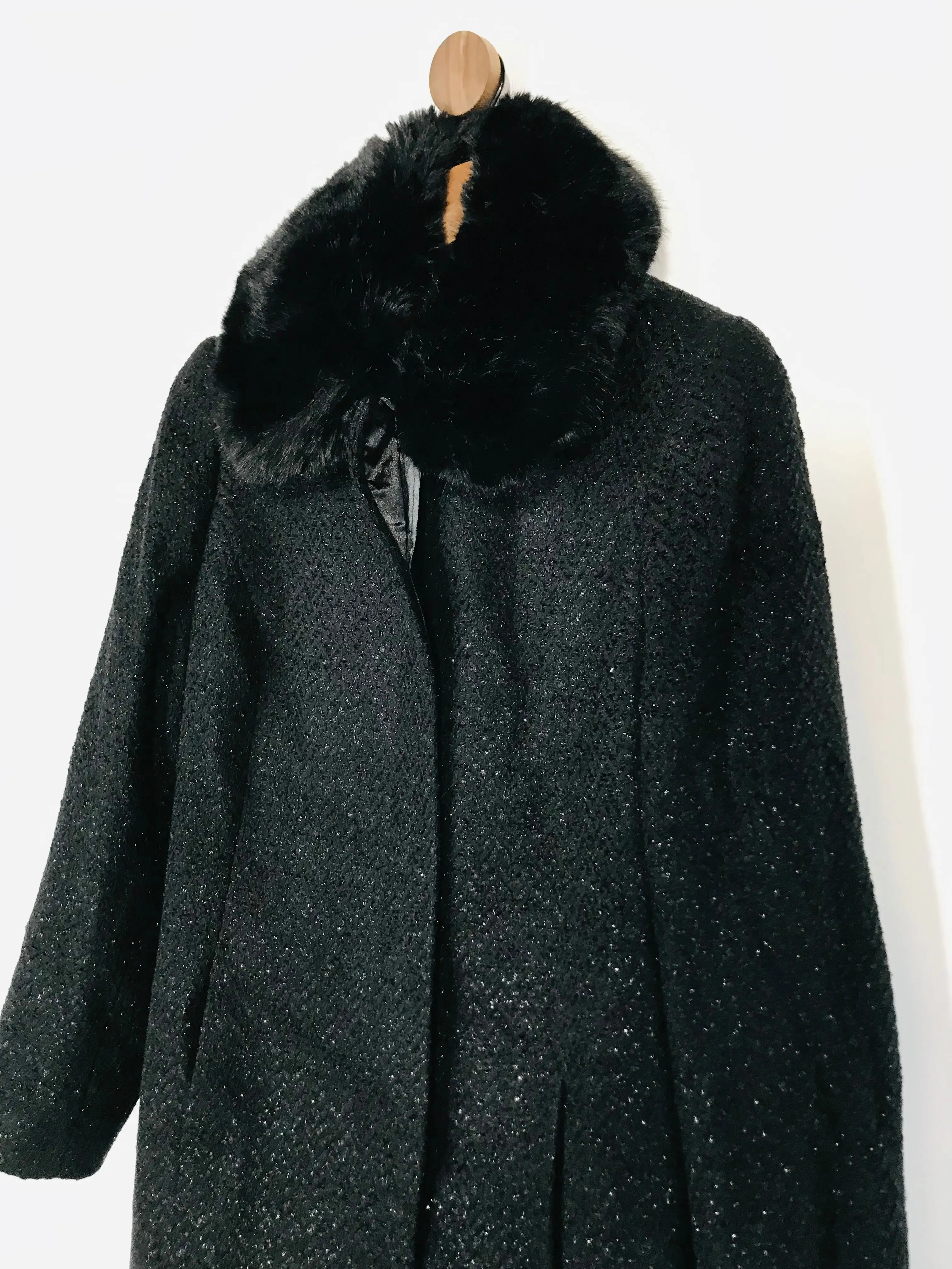 Jacques Vert Women's Faux Fur Collar Glitter Overcoat | UK12 | Black