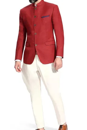 Jodhpuri Indian Wedding Suit Bandhgala Red Suit Off White Trouser Sangeet Mehendi Cotton Blazer Outfit Bespoke