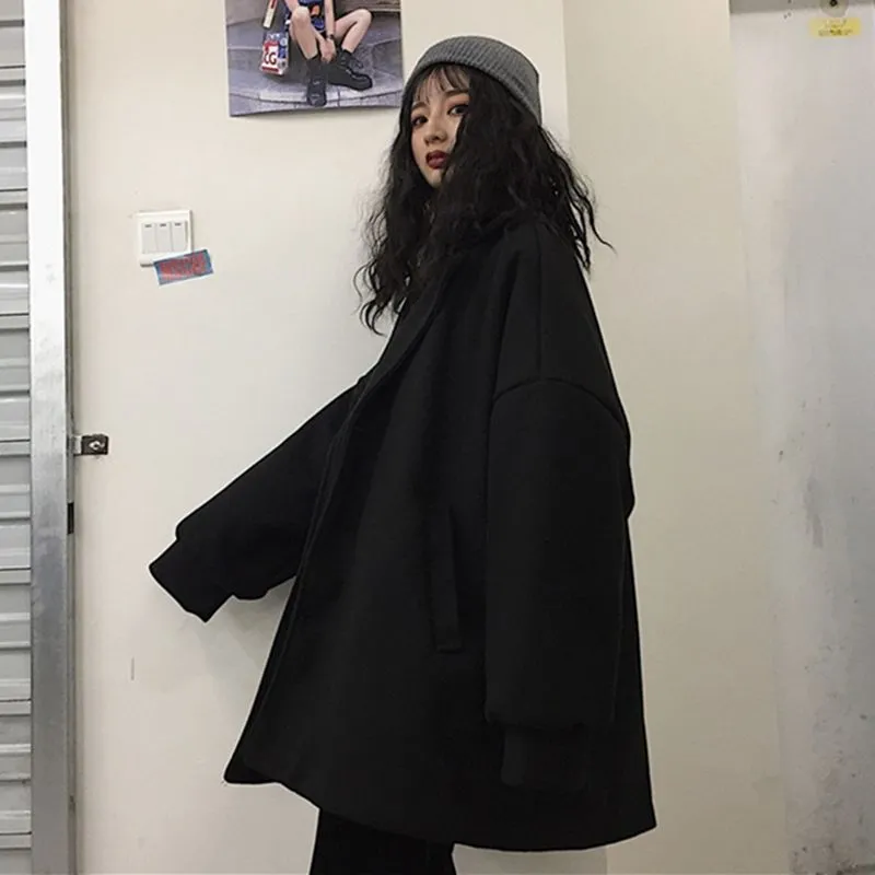 Joskaa Christmas Gift Blends Womens Coat Black Solid Casual Thicken Plus Velvet Korean Style Couple Loose Leisure Female Harajuku Trendy Simple Wool