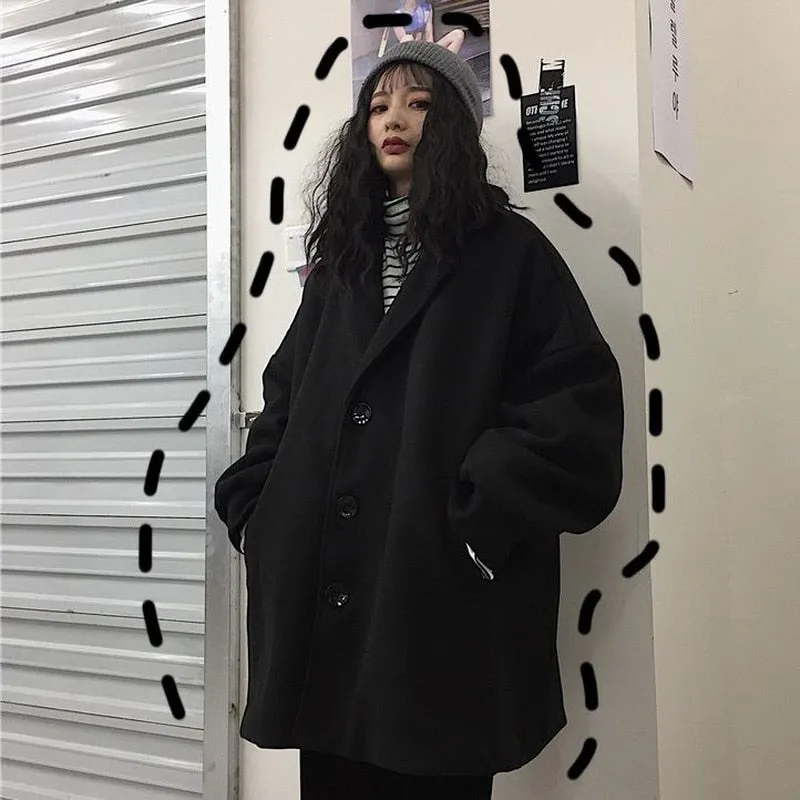 Joskaa Christmas Gift Blends Womens Coat Black Solid Casual Thicken Plus Velvet Korean Style Couple Loose Leisure Female Harajuku Trendy Simple Wool