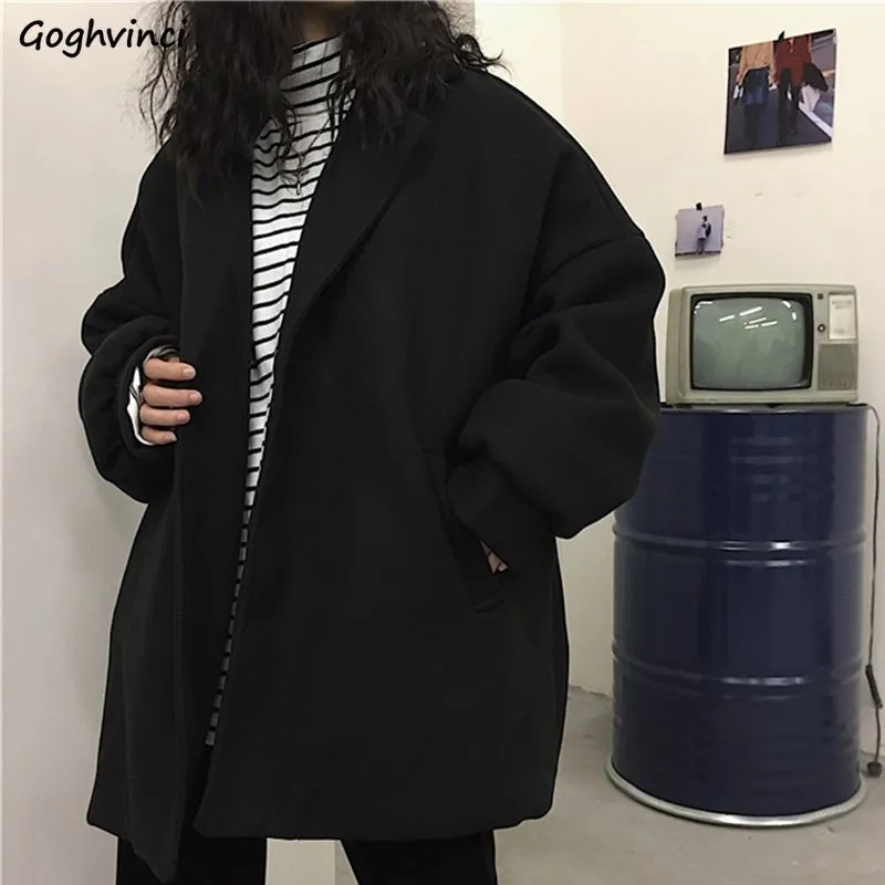 Joskaa Christmas Gift Blends Womens Coat Black Solid Casual Thicken Plus Velvet Korean Style Couple Loose Leisure Female Harajuku Trendy Simple Wool