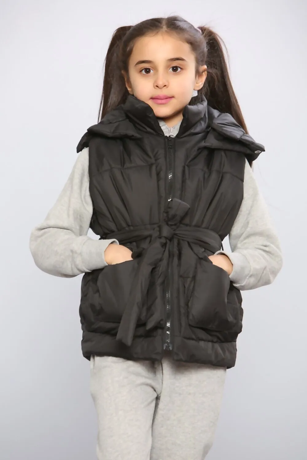 Kids Pocket Tie Front Gilet - Black