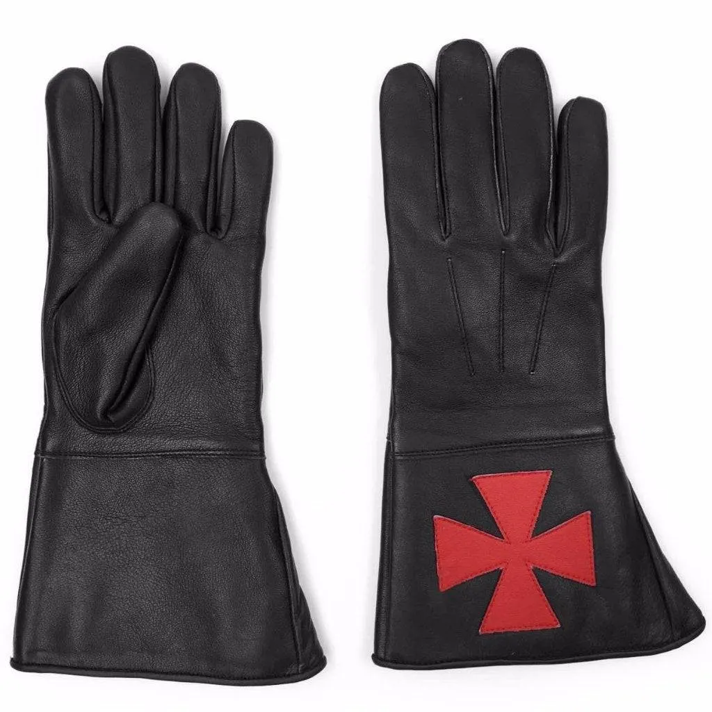 Knights Templar Commandery Gauntlet - Black Leather with Red Cross