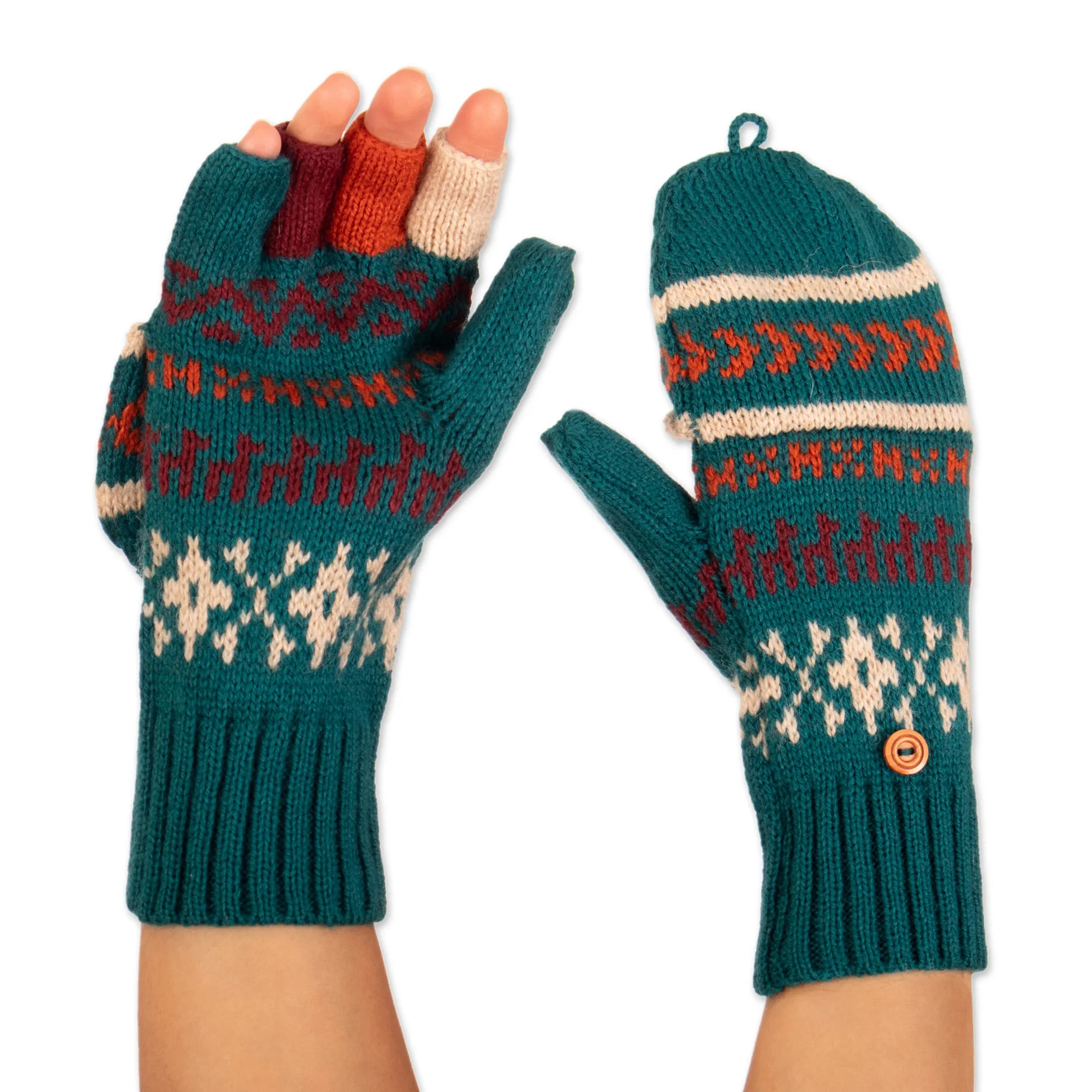 Knit Teal Acrylic and Alpaca Blend Convertible Gloves - Teal Mountains | NOVICA