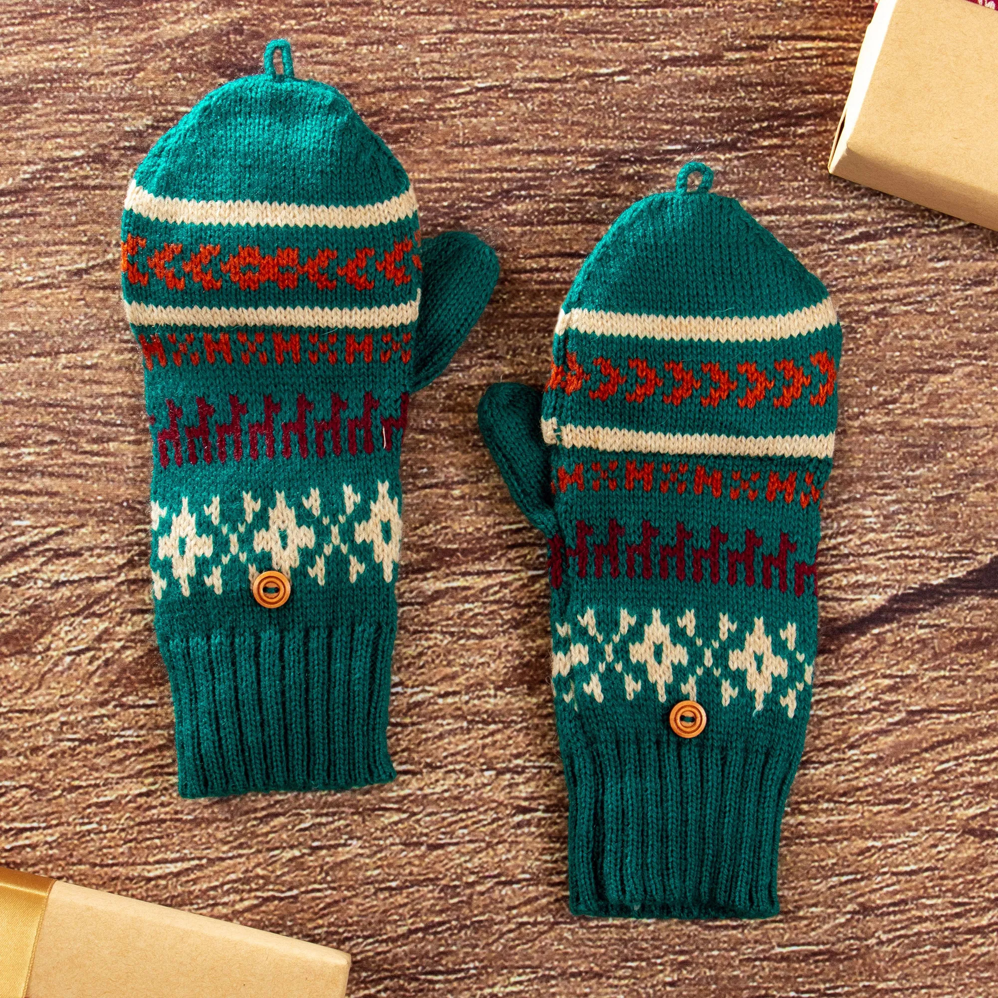 Knit Teal Acrylic and Alpaca Blend Convertible Gloves - Teal Mountains | NOVICA