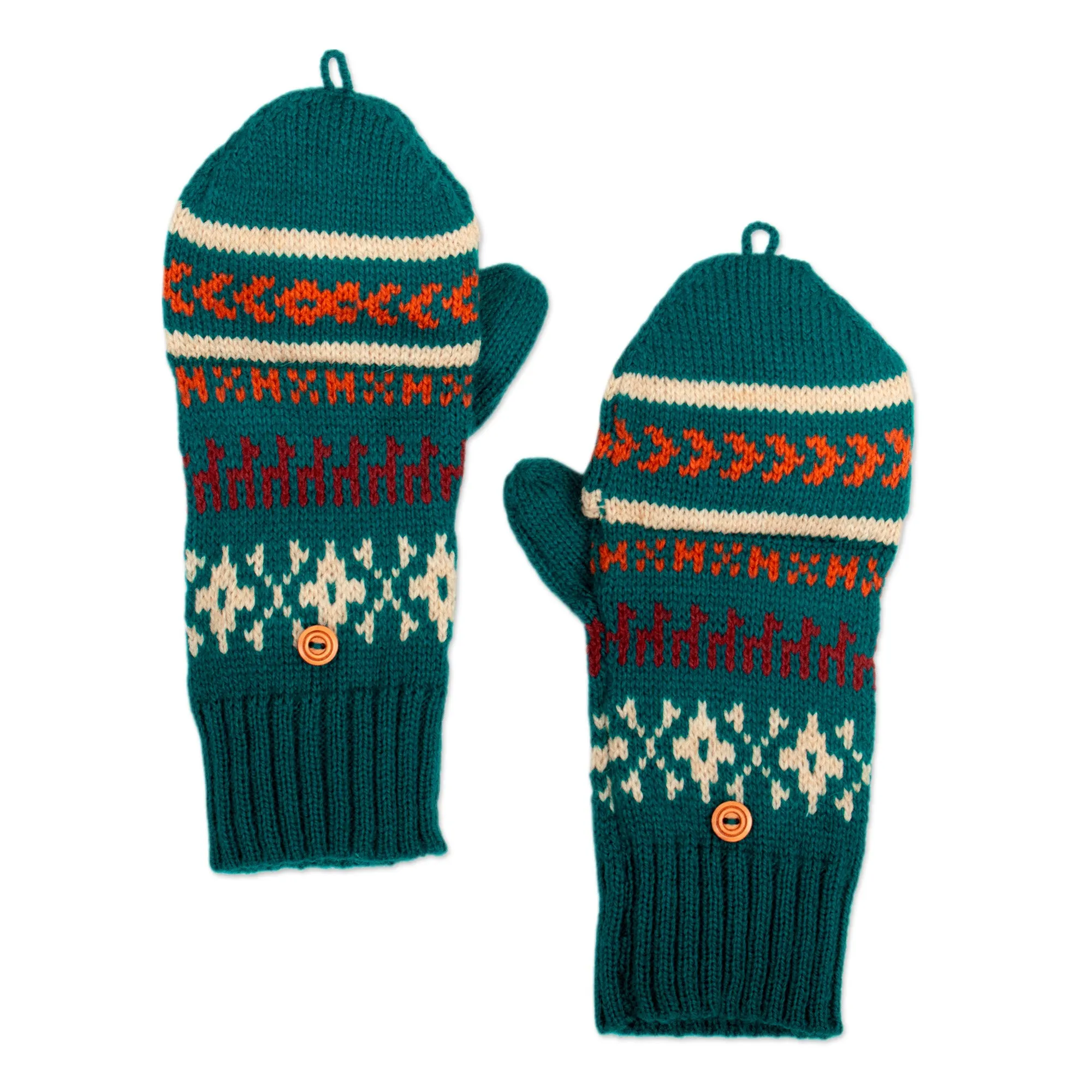 Knit Teal Acrylic and Alpaca Blend Convertible Gloves - Teal Mountains | NOVICA