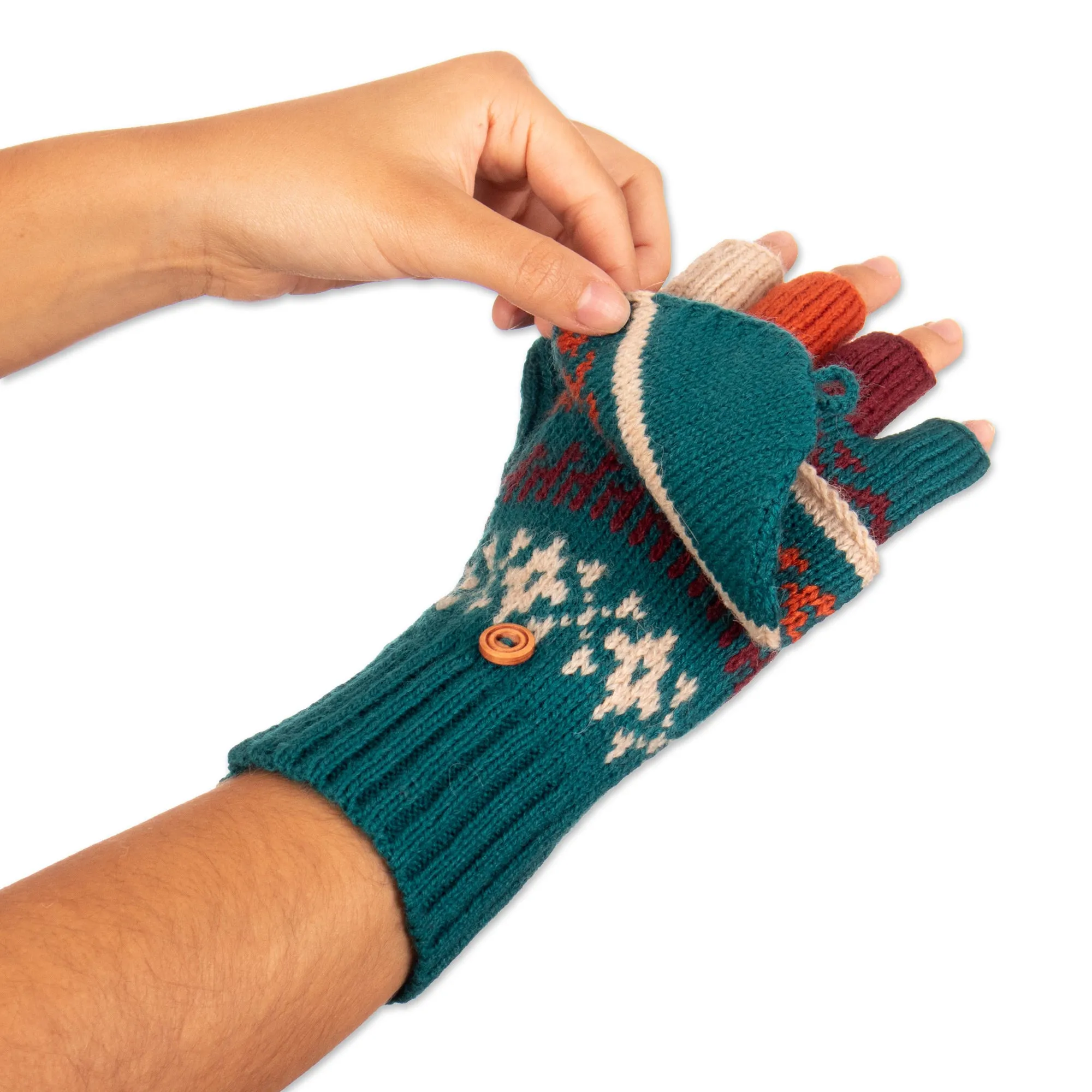 Knit Teal Acrylic and Alpaca Blend Convertible Gloves - Teal Mountains | NOVICA