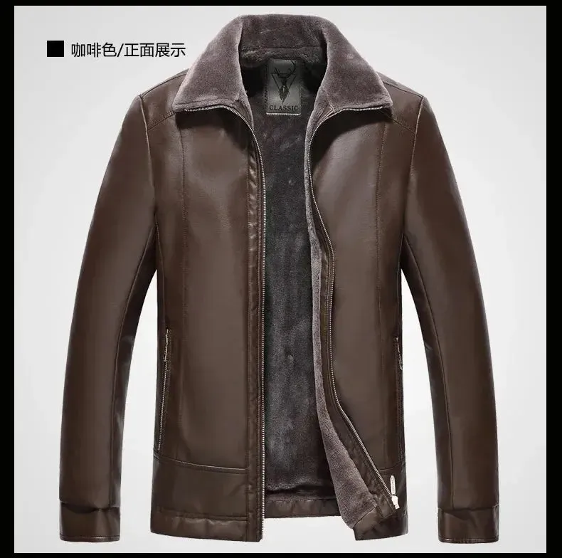 Leather Jacket Men Winter Fleece Warm Motorcycle Coats Mens Fashion New Biker PU Jackets Slim Overcoat Thick Fur Collar Jackets