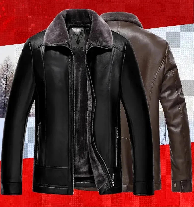 Leather Jacket Men Winter Fleece Warm Motorcycle Coats Mens Fashion New Biker PU Jackets Slim Overcoat Thick Fur Collar Jackets