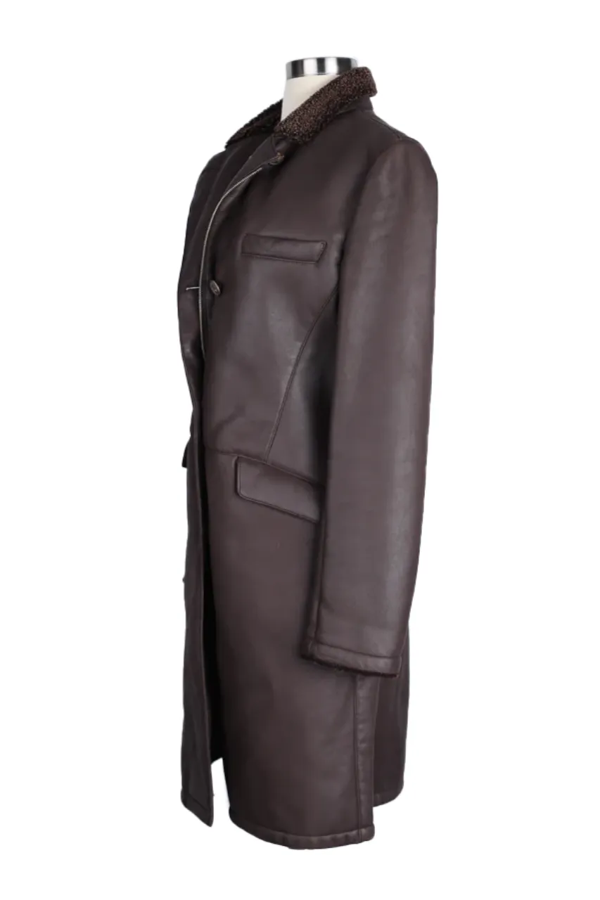 Leather Shearling Lined Overcoat-Brown