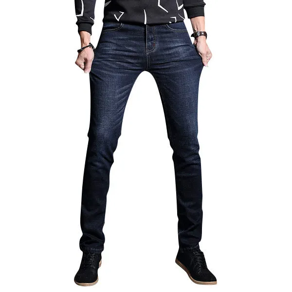 Legs Elastic Denim Jeans Dark Blue Casual Straight