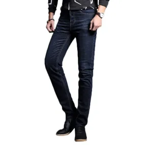 Legs Elastic Denim Jeans Dark Blue Casual Straight