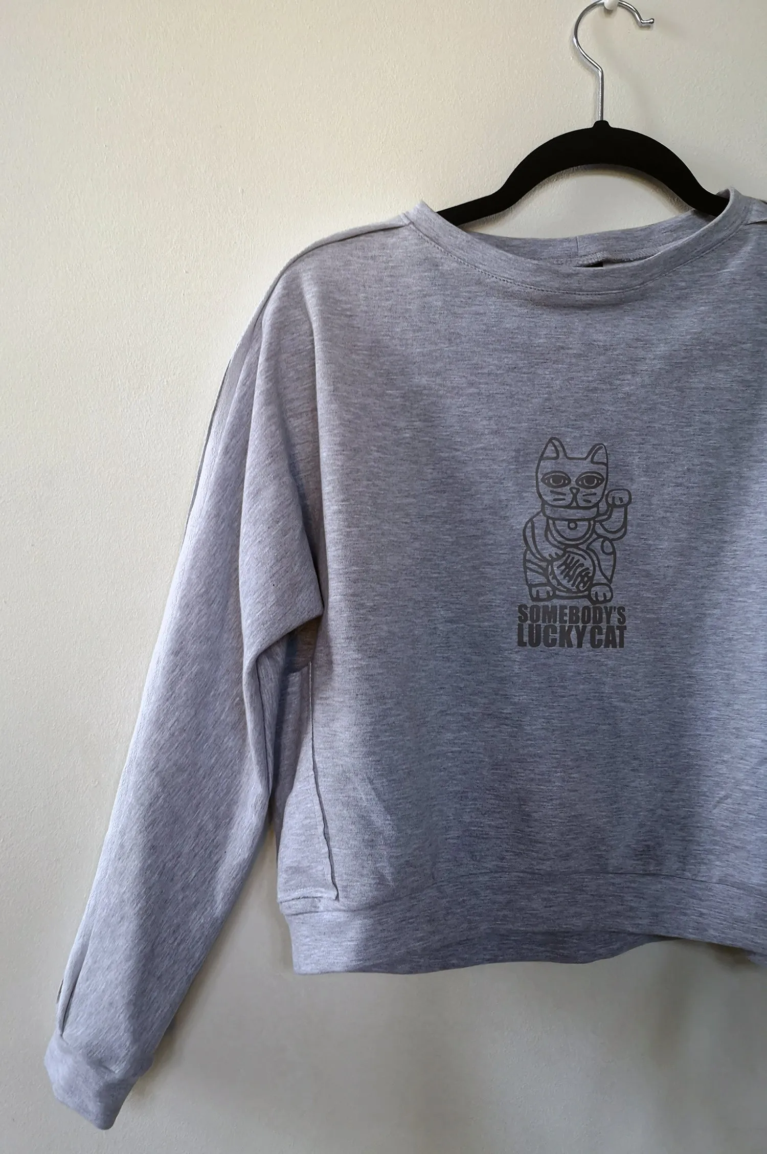 Long Sleeve Warm Light Grey Women's Sweater with Maneki-Neko Print "Somebody's Lucky Cat"