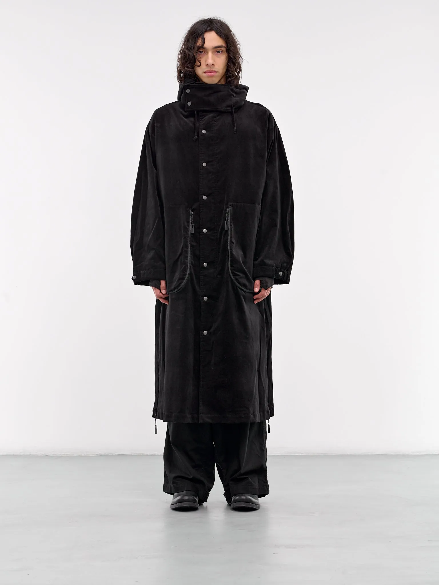 M-Velvet Hooded Long Coat (HO-C14-056-BLACK)