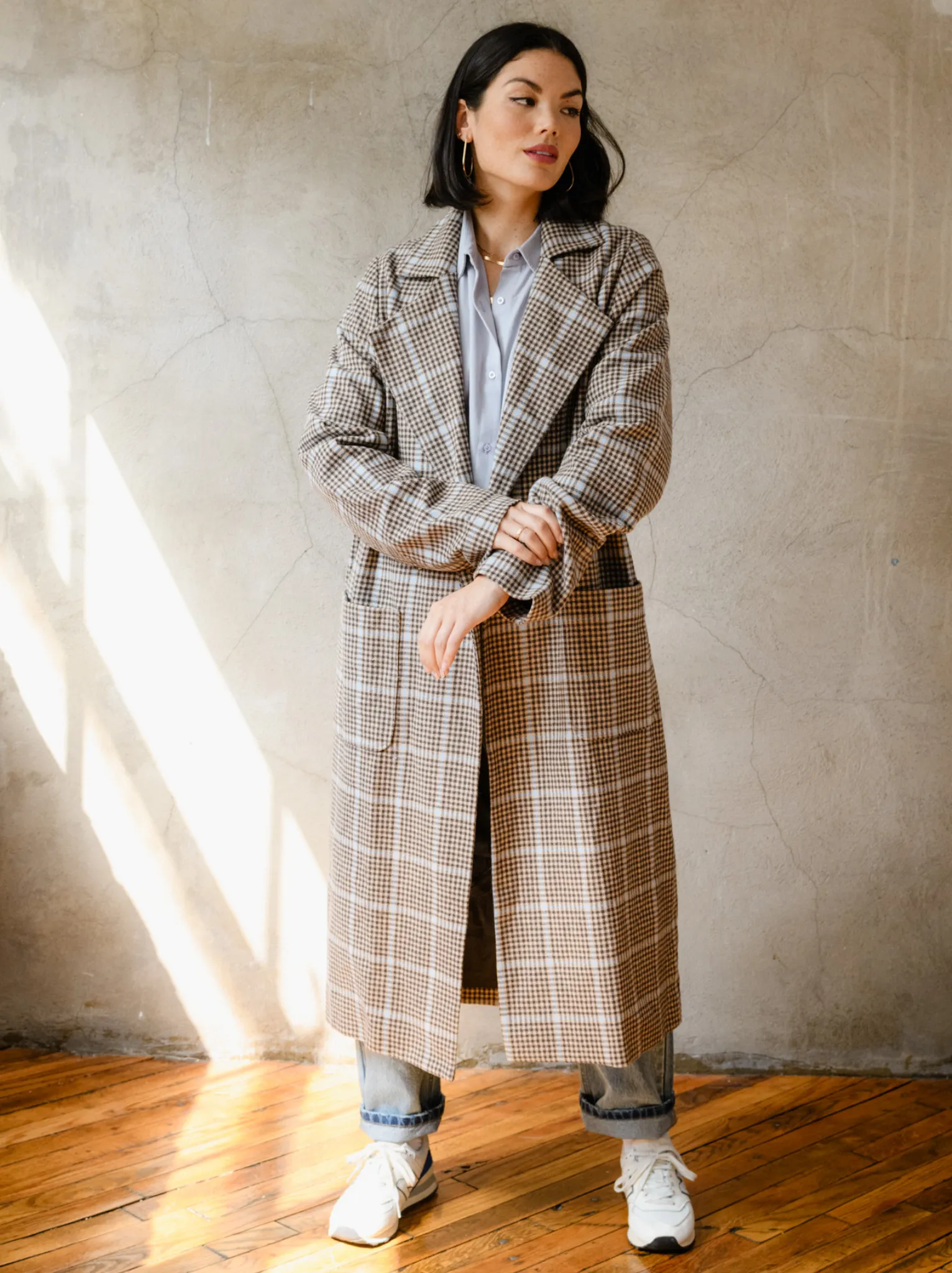 Marie Brushed Plaid Overcoat - Blue/Neutral Plaid