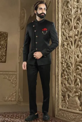 Men's Black Buttoned Design Jodhpuri Suit with Red Accents