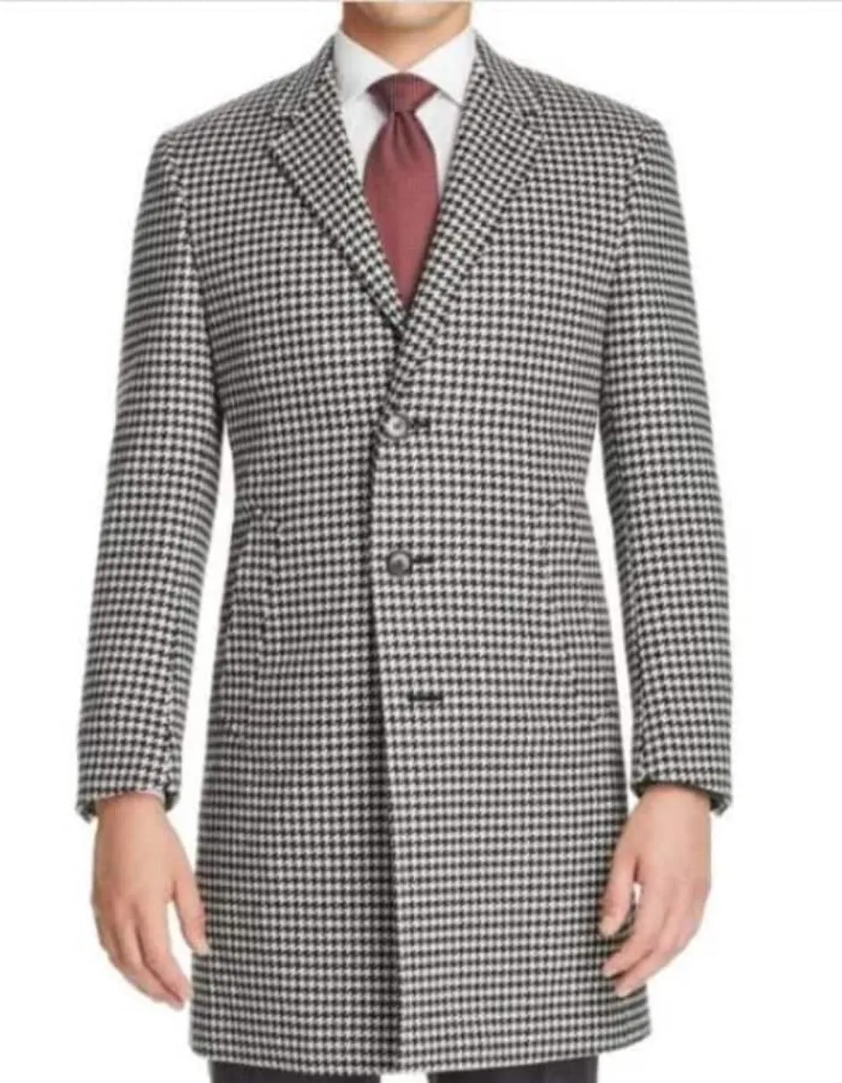 Mens Black White Houndstooth Wool men's Overcoat - Mens Topcoat