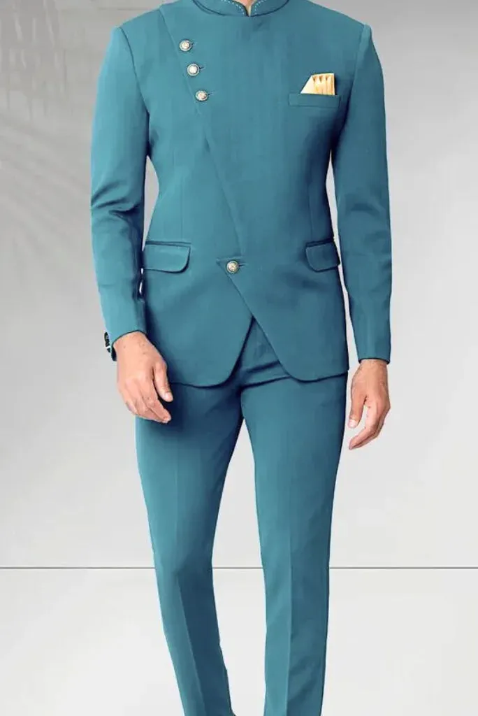 Men's Designer Teal Blue Jodhpuri Suit, Exclusive Suit for Special Occasion