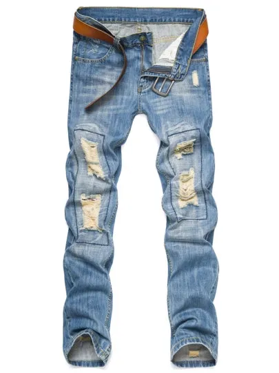 Men's Fashion Jeans Mid Waist Worn Hole Slim Fit