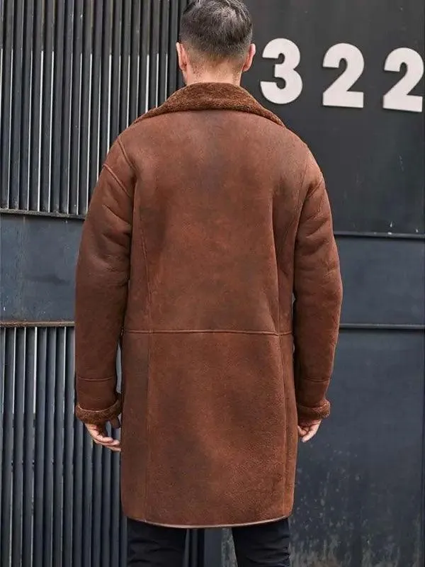 Men's Winter Brown Fur Leather Long Trench Overcoat Outwear