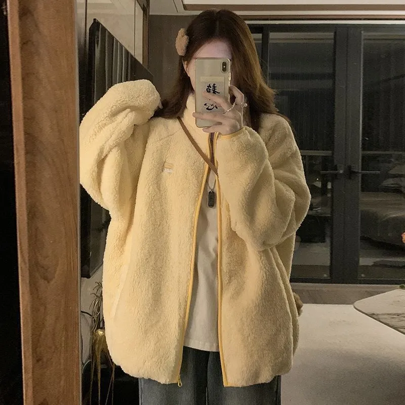 METAVERSMALL New winter new velvet thickened lamb wool sweet coat loose large size lazy wind warm cardigan cotton clothes