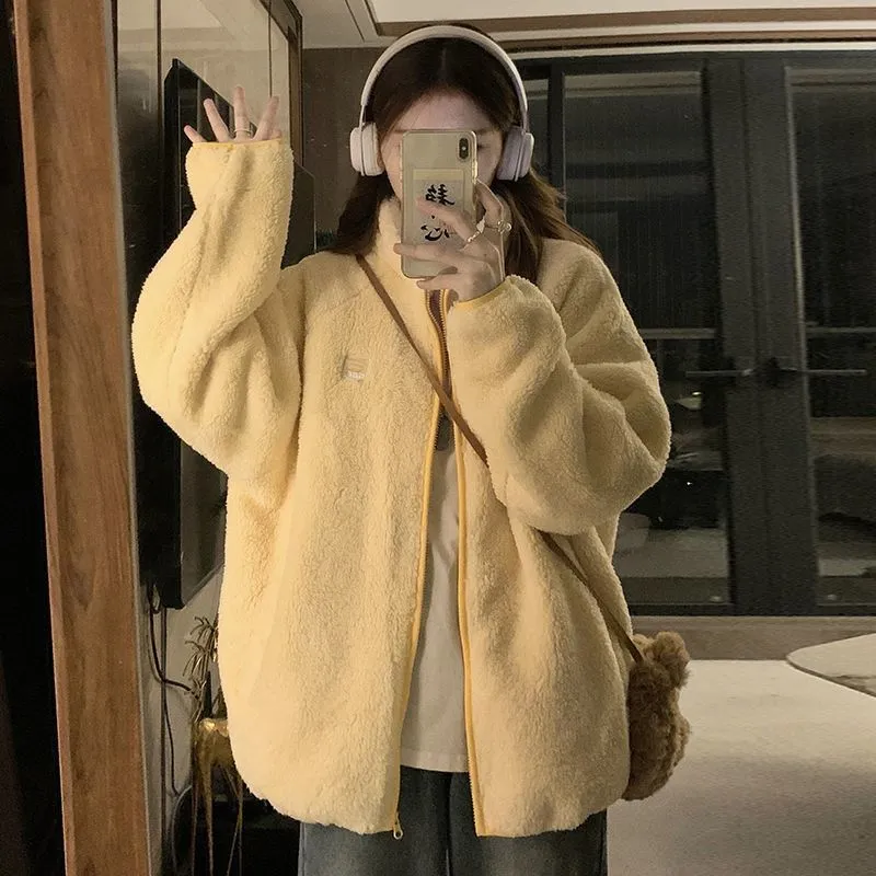 METAVERSMALL New winter new velvet thickened lamb wool sweet coat loose large size lazy wind warm cardigan cotton clothes