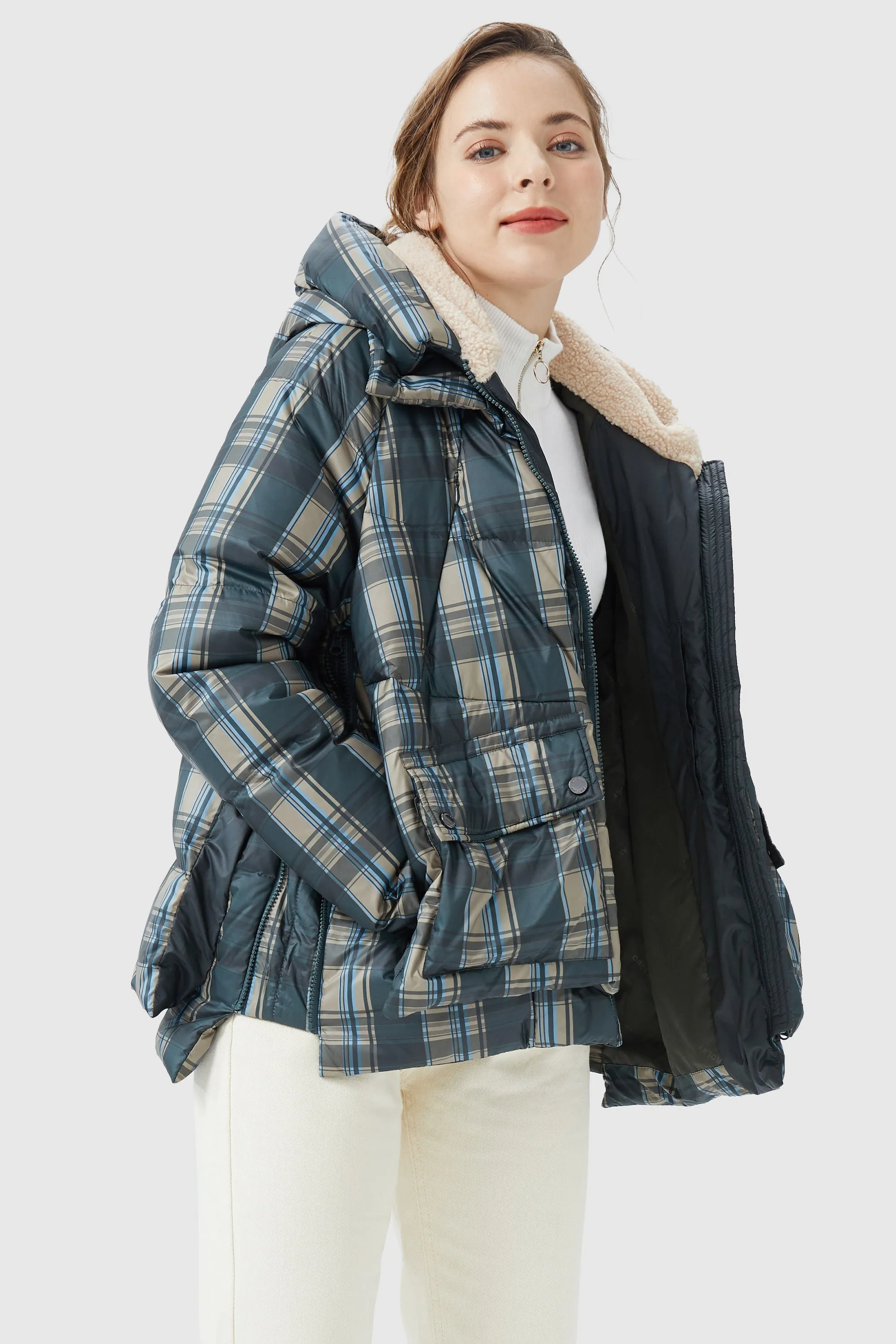 Multi-Pockets Plaid Puffer Jacket