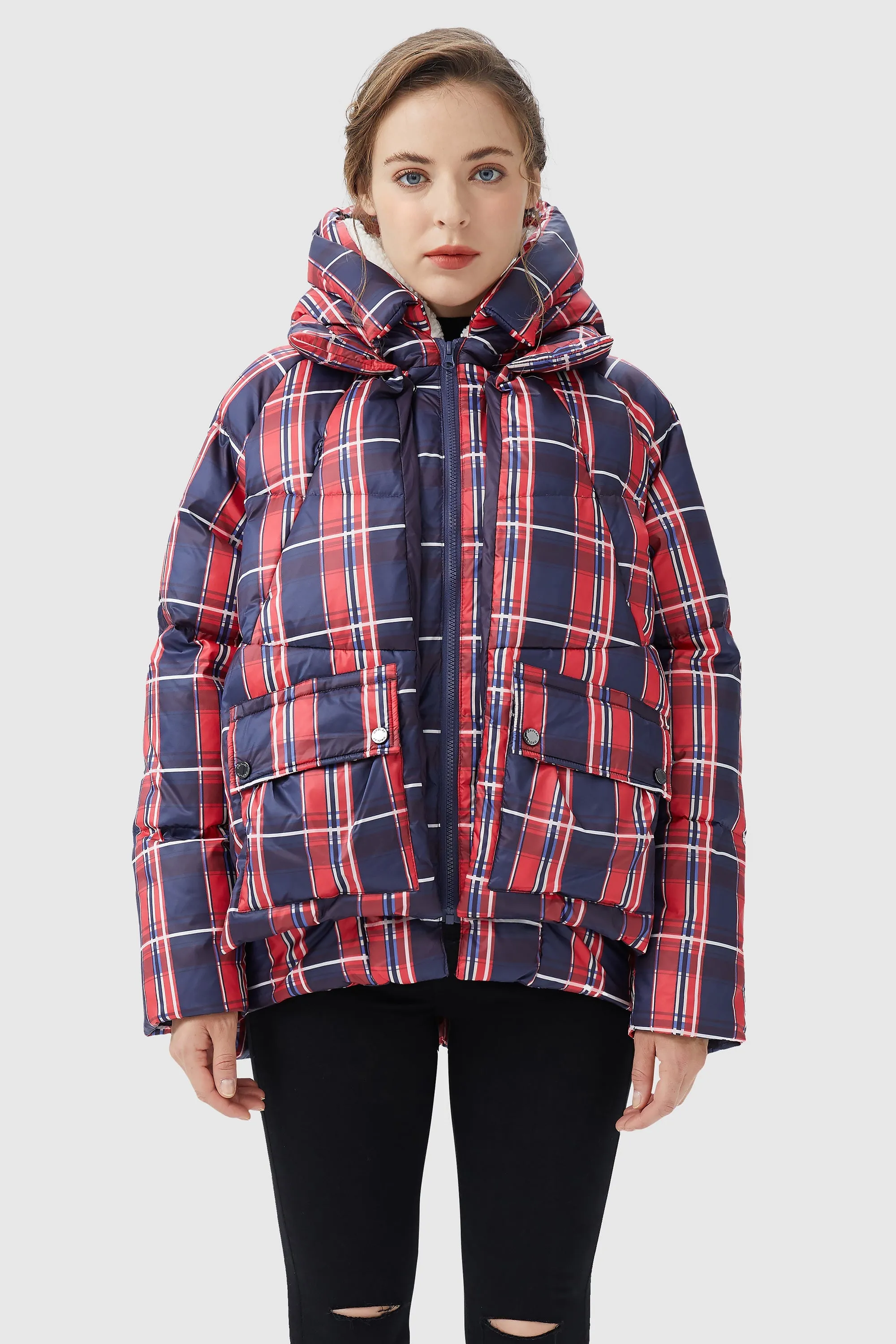 Multi-Pockets Plaid Puffer Jacket