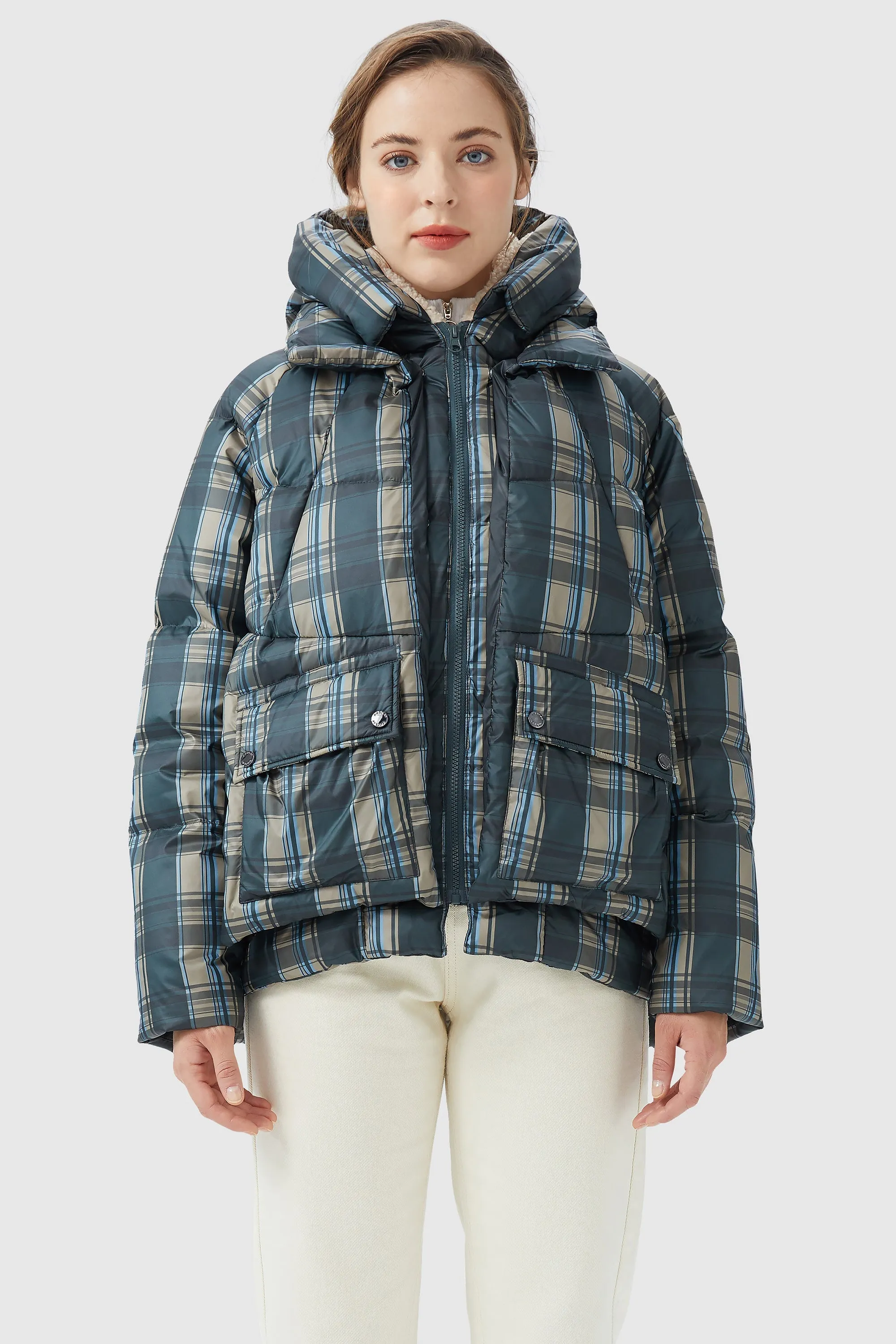 Multi-Pockets Plaid Puffer Jacket