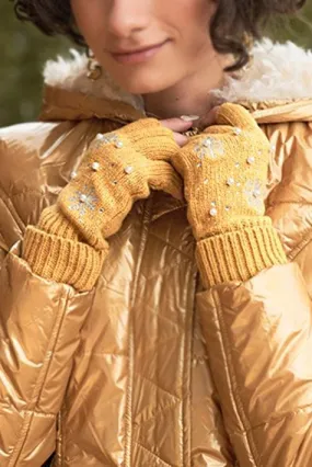 Mustard Fingerless Snowflakes Pearl Rhinestone Winter Gloves /3 Pieces