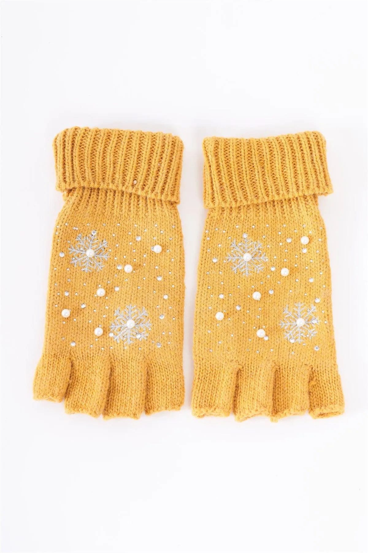 Mustard Fingerless Snowflakes Pearl Rhinestone Winter Gloves /3 Pieces