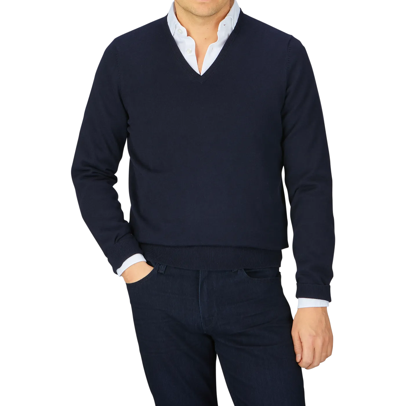 Navy Blue Luxury Cotton V-Neck Sweater