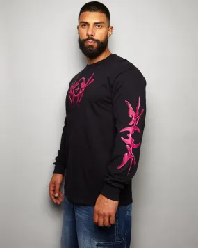 NXS007: Metallic pink style print on black long sleeve tee